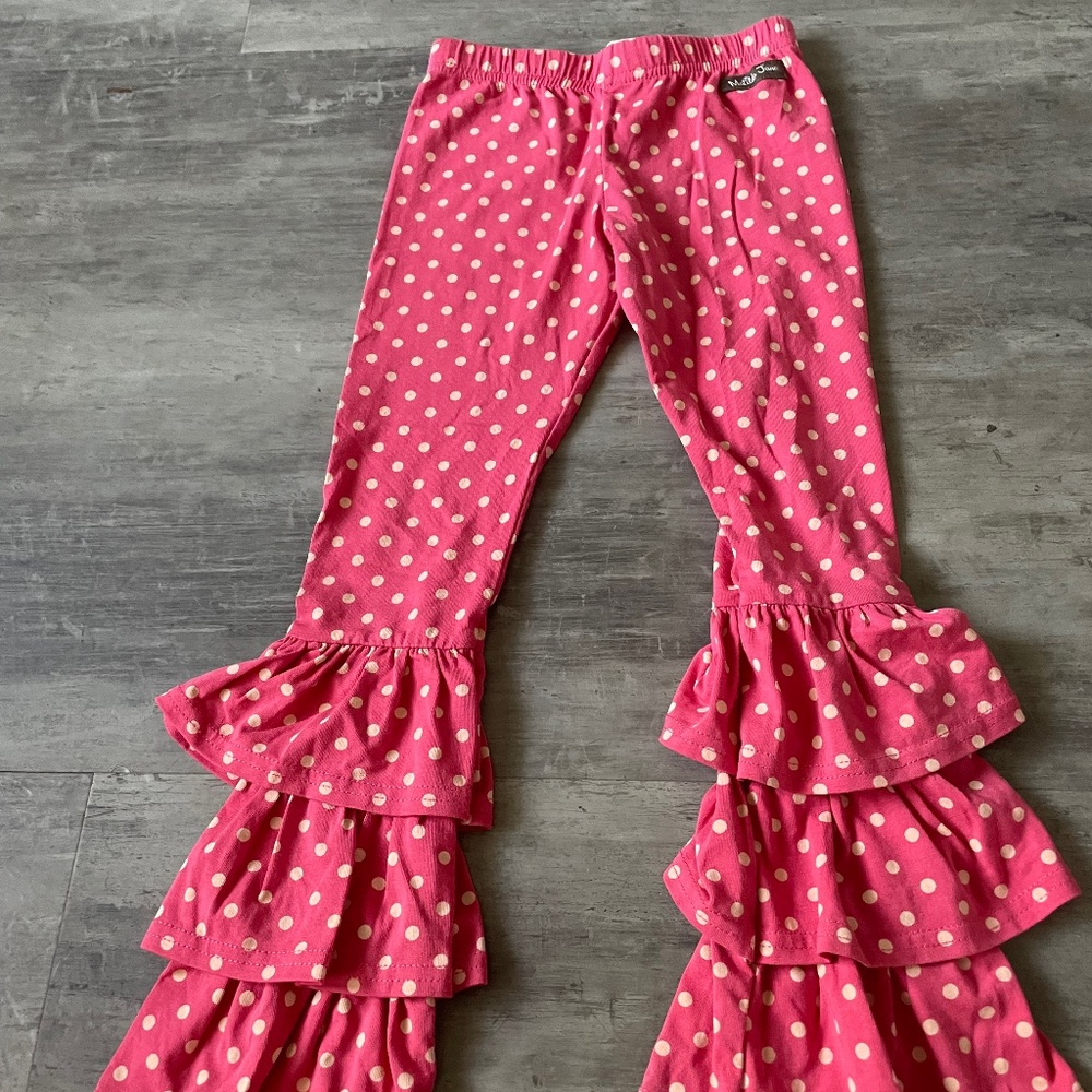Reddish, pink, yellow polkadot, ruffle bell, bottom pants, Matilda, Jane size 4